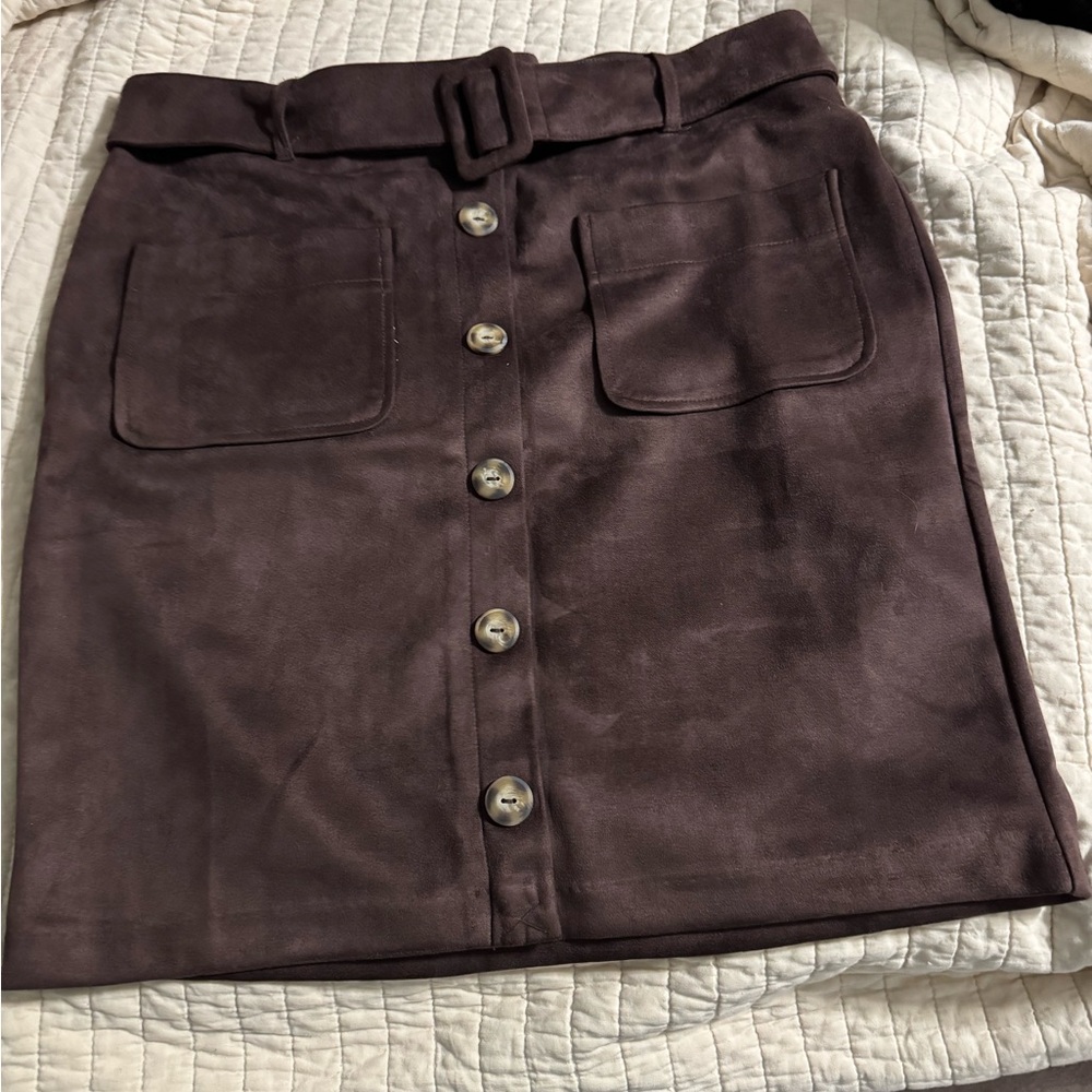 NYC Button-Front Suede-Look Mini Skirt in Dark Brown